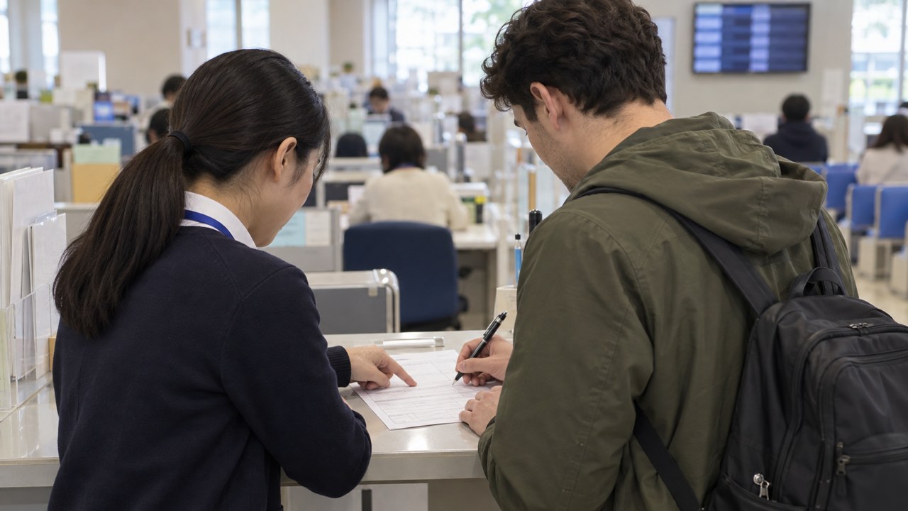 役所の窓口で、支援担当者と外国人が書類を確認している様子