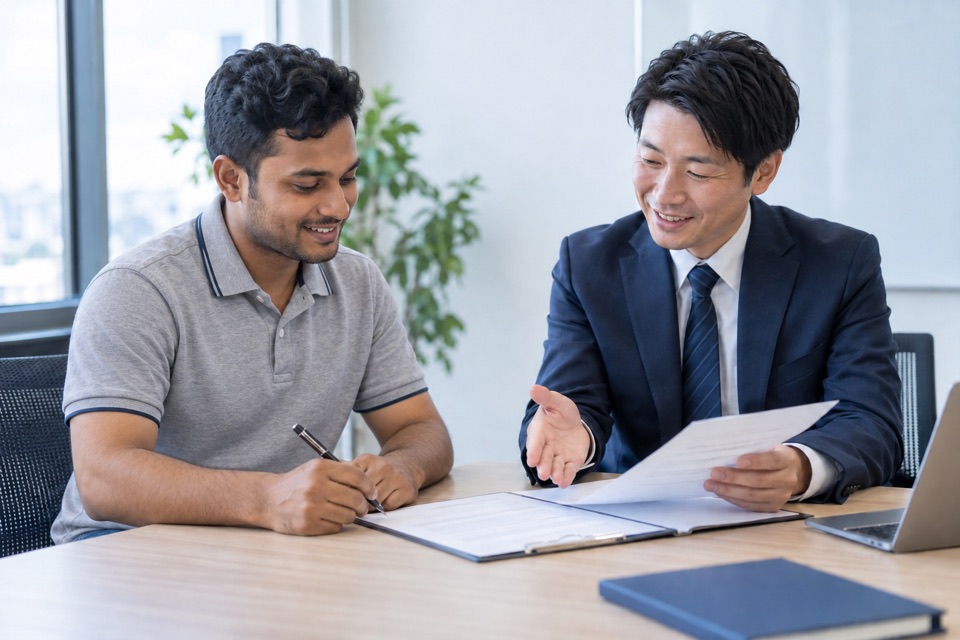 日本の採用担当者と雇用契約の書類を確認するイメージ