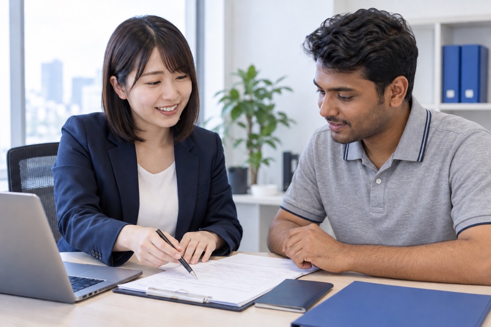 渡航前の申請書類を担当者と準備するイメージ