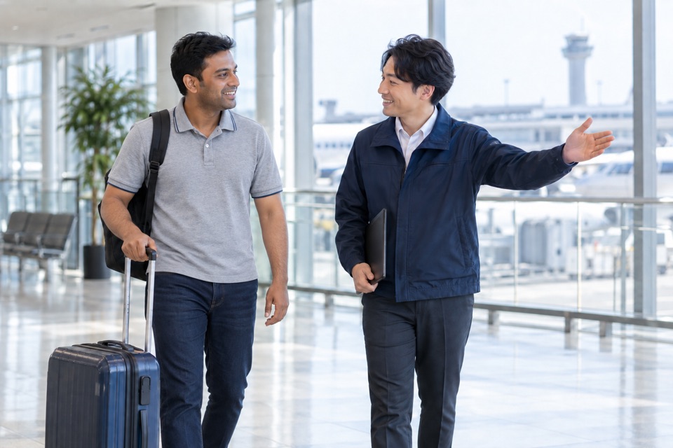 日本の空港で支援担当者に迎えられるイメージ