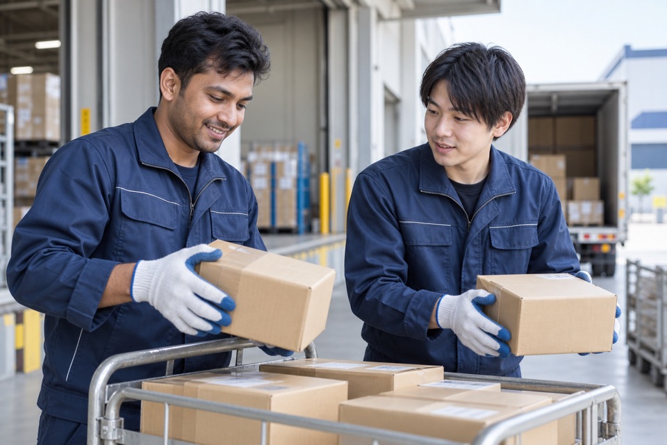 日本人スタッフと倉庫で荷物を仕分けするイメージ