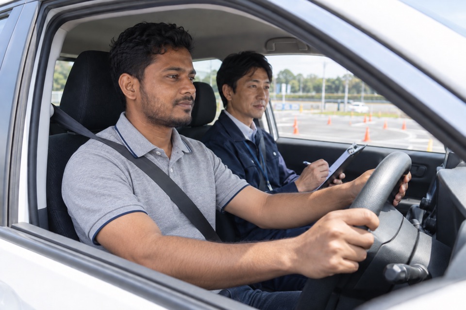 教習所のコースで運転の技能確認に取り組むイメージ