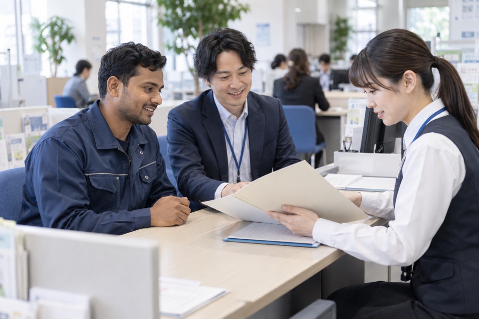 窓口で在留資格変更の申請書類を確認するイメージ