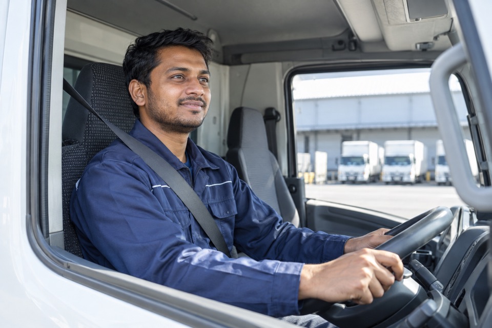 日本のトラック運転席で業務を始めるドライバーのイメージ